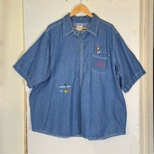 Dr Seuss A Fish If You Please Blue Denim Short Sleeve Button Shirt Size 26W/28W